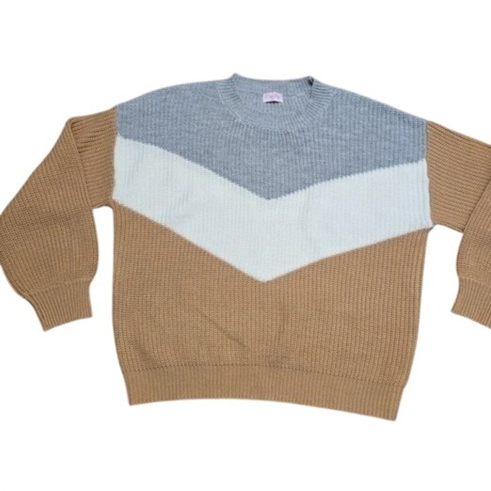 Pink Lily Chevron Colorblock Knit Sweater Women's Size L Cozy Casual